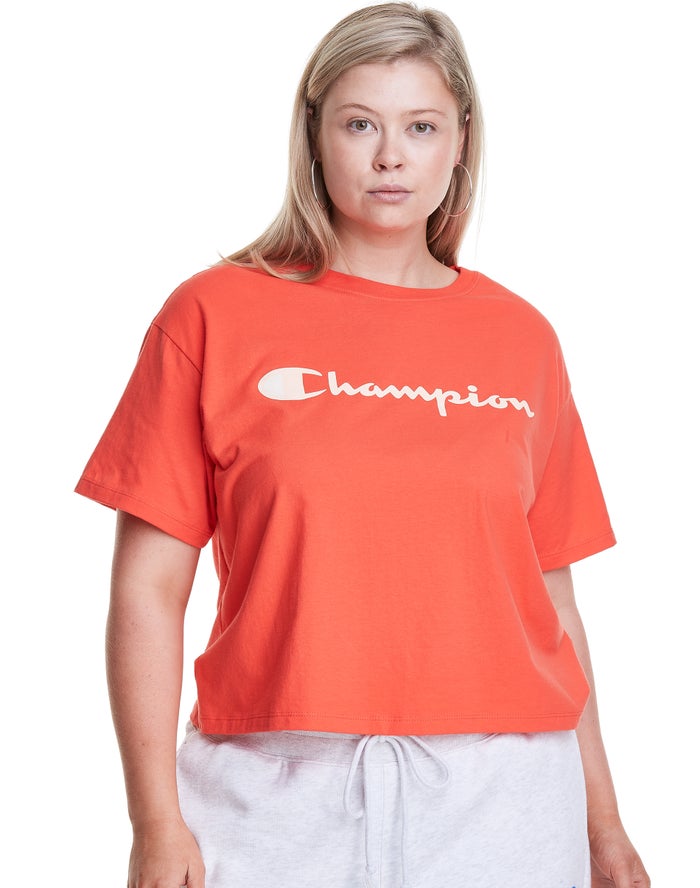 Champion Plus Cropped Script C Logo Kadın Tişört Turuncu ( QHYJKW256 )